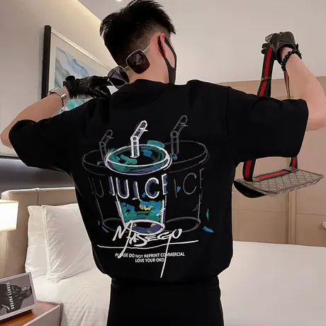 网红T恤男夏季潮牌个性涂鸦短袖印花T恤ins重磅轻熟学生半袖上衣商品大图