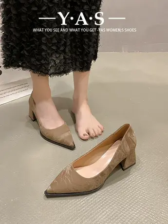 复古气质浅口高跟鞋女2024年早春新款浅口粗跟尖头鞋子配裙子单鞋图片