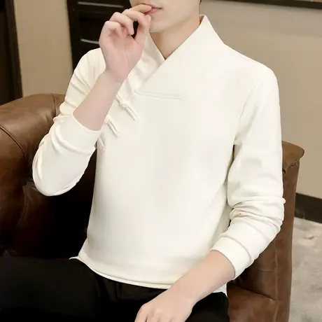 长袖t恤男士中国风盘扣休闲上衣复古民族风汉服秋冬季德绒打底衫商品大图