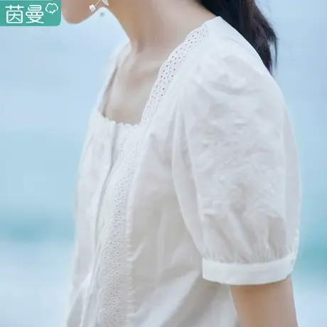 茵曼纯棉小众法式短袖白色衬衣女士2024年夏新款方领泡泡袖白上衣图片