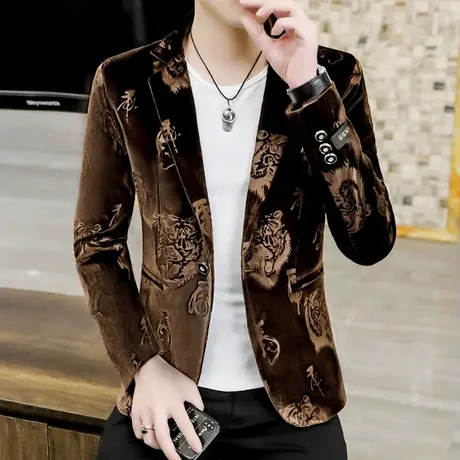 西服外套男士春秋季2023新款金丝绒上衣服潮牌男装休闲韩版小西装商品大图