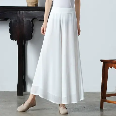 素飞2023新款双层雪纺阔腿裤女夏白色休闲裤薄款百搭瑜伽禅茶长裤商品大图