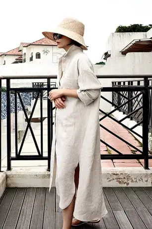 棉麻长袖衬衫女过膝长款亚麻休闲韩版宽松大码时尚气质衬衣连衣裙商品大图