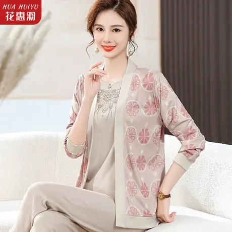 中老年女装假两件印花长袖衬衫秋装春秋上衣妈妈洋气针织女士衬衣商品大图