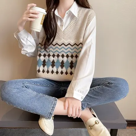 秋冬2023年新款秋季女士套头网红背心V领复古毛衣针织衫马甲外搭商品大图