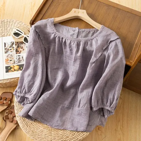 享永子七分袖苎麻上衣女文艺复古宽松棉麻T恤小衫女2023夏季新款图片