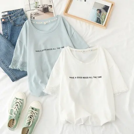 2020夏季新款小清新袖口镂空流苏短袖T恤女学生休闲百搭宽松上衣图片