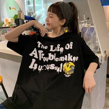 网红ins超火短袖t恤女2020韩版宽松原宿bf慵懒风chic港味上衣服潮商品大图