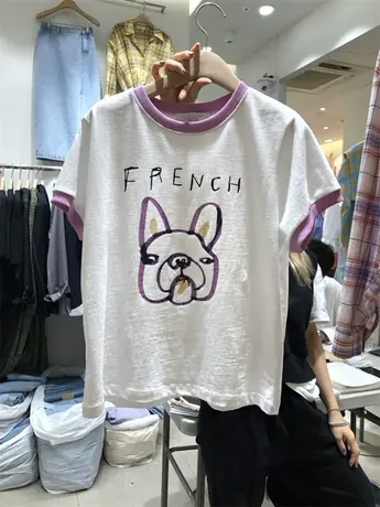 韩国东大门2021夏季新款简约撞色狗狗印花百搭减龄圆领短袖t恤女图片