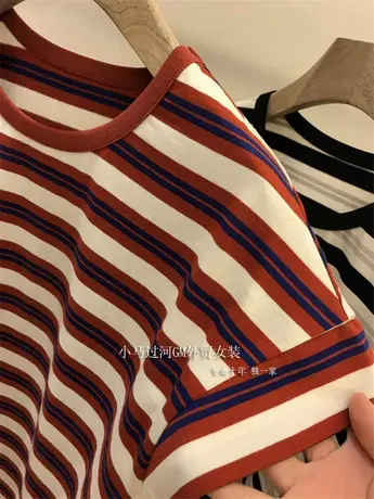 日系工厂小众单！闭眼入~复古精棉色织条纹宽松小飞袖圆领T恤女春图片