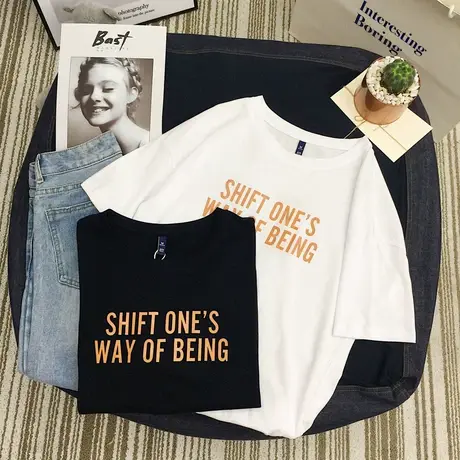 春秋季短袖2020新款T恤女宽松圆领半袖体恤学生ins潮女上衣服百搭商品大图