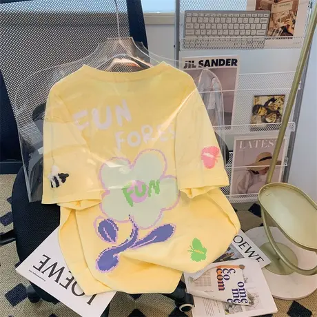 纯棉花朵设计感短袖t恤女ins潮牌2022夏季宽松港味半袖别致上衣服商品大图