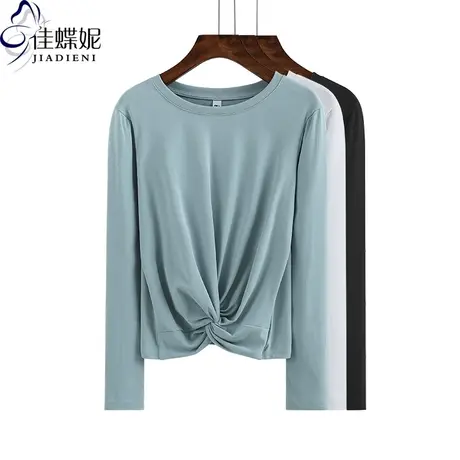 春秋新款韩版圆领纯棉短款修身显瘦体恤长袖打底网红同款女装T恤商品大图