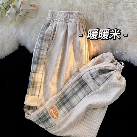 华夫格运动裤子女加绒加厚冬设计感小众ins高街宽松阔腿裤休闲裤商品大图