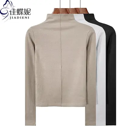 早秋新款半高领修身纯欲短款纯棉压线拼接长袖体恤上衣女装打底衫商品大图