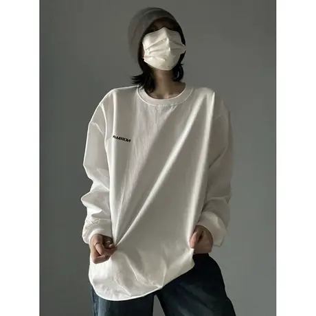 胖mm大码白色t恤女2022秋季新款oversize宽松纯棉长袖潮牌ins上衣商品大图