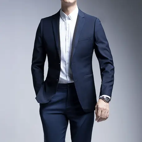 秋冬新款男士西装修身单西男时尚商务正装礼服深蓝色西服外套男商品大图