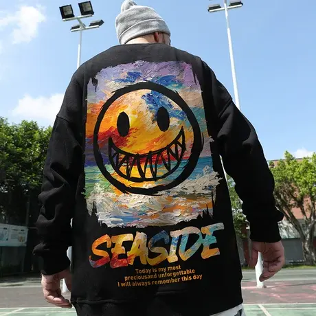 2023秋冬新款小恶魔笑脸圆领卫衣鬼脸加肥加大情侣装潮牌潮流加绒图片