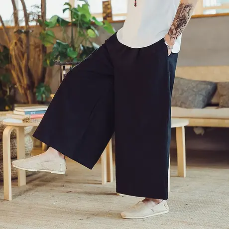 秋季中式禅意休闲裤宽松直筒阔腿裤麻料男士裙裤老粗布禅修长裤子商品大图