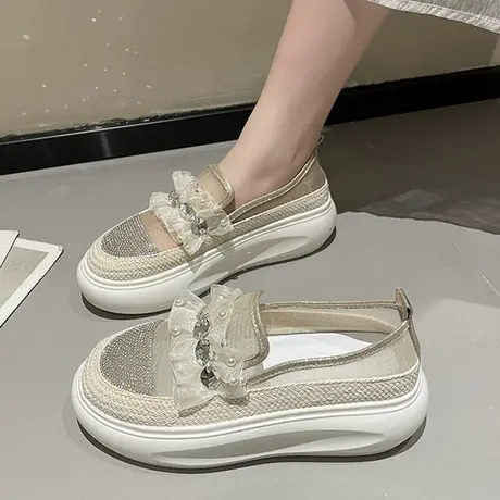 厚底乐福鞋女夏季网面透气网纱2023年新款欧货水钻一脚蹬休闲单鞋商品大图