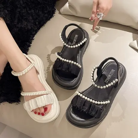 小香风厚底凉鞋女夏2023新款平底松糕休闲女款鞋罗马沙滩鞋ins潮图片