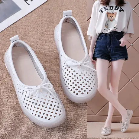 夏季透气女鞋一脚蹬镂空单鞋平底豆豆鞋软底孕妇鞋皮面小白鞋凉鞋商品大图