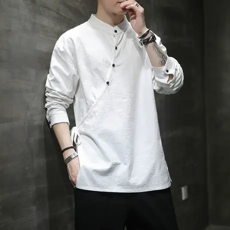古风斜襟系带汉服秋季复古立领长袖男复古宽松茶服上衣禅修居士服图片