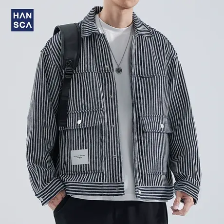 hansca日系工装大口袋竖条纹夹克男秋季痞帅潮流宽松大码牛仔外套图片