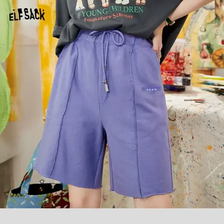 【新款】妖精的口袋紫色抽绳运动短裤女2022夏宽松薄款休闲五分裤商品大图