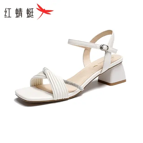 红蜻蜓一字带凉鞋女2023夏季新气质粗跟钻带时尚外穿高跟WFK23019商品大图