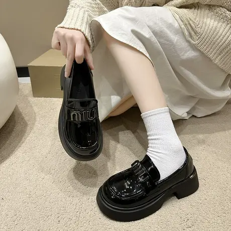 厚底防滑乐福鞋女2024新款复古英伦风粗跟单鞋一脚蹬配裙子小皮鞋商品大图