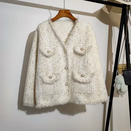 小香风针织开衫秋冬新款韩版宽松v领流苏珍珠纽扣亮丝毛衣女外套商品大图