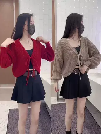 V领灯笼袖短款开衫针织披肩外套女2023秋新款韩版蝙蝠袖毛线上衣图片