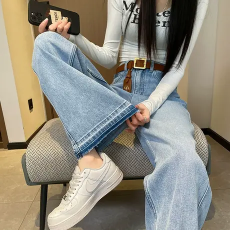 2023春秋新款高腰百搭休闲阔腿裤牛仔裤女宽松显瘦长款拖地直筒裤商品大图
