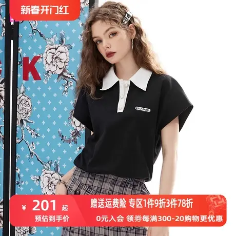 妖精的口袋黑色短袖polo领t恤女2023夏季新款小个子显瘦飞袖上衣商品大图