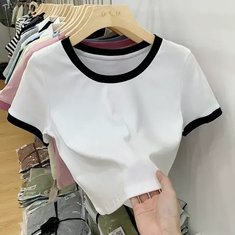 正肩短袖T恤女夏季2023新款设计感小众短款独特别致甜辣妹上衣服商品大图