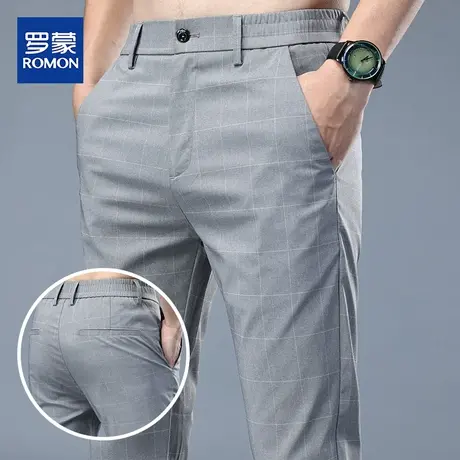 罗蒙男士弹力休闲裤春夏季新款中青年时尚格子薄款修身九分裤男潮商品大图