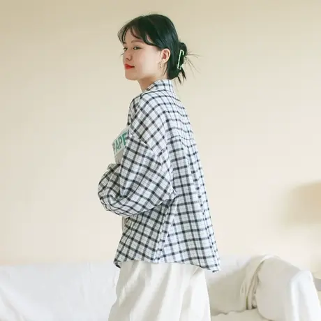 胖妹妹秋季2023新品学院风复古格纹衬衫大码微胖文艺棉质长袖衬衣商品大图