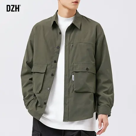 男士绿色工装衬衣男长袖高级感2023年新款多口袋外套秋季翻领衬衫商品大图