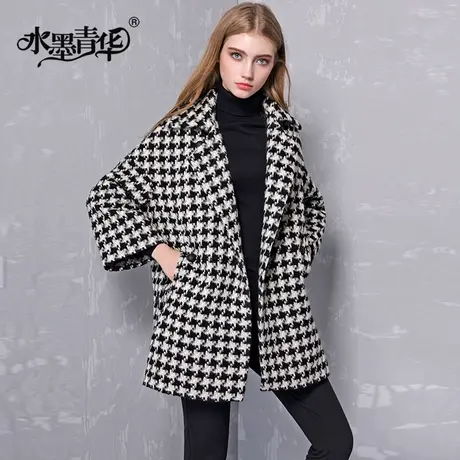 水墨青华冬装新款时尚粗花呢外套百搭修身千鸟格毛呢大衣女图片