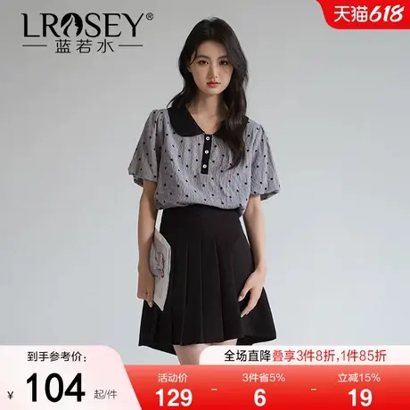 蓝若水大码女装波点翻领短袖衬衣夏季新款胖MM复古宽松格子衬衫商品大图