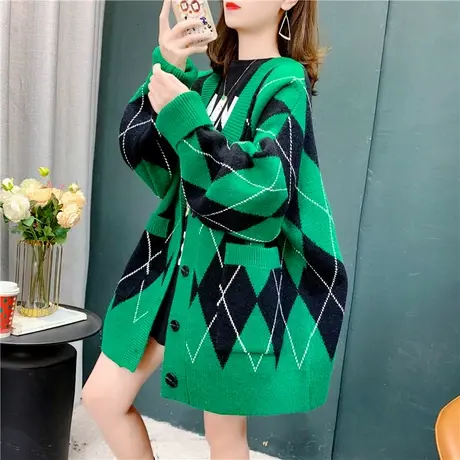 中长款菱格宽松毛衣外套女春秋2022新款复古V领慵懒风针织开衫潮商品大图