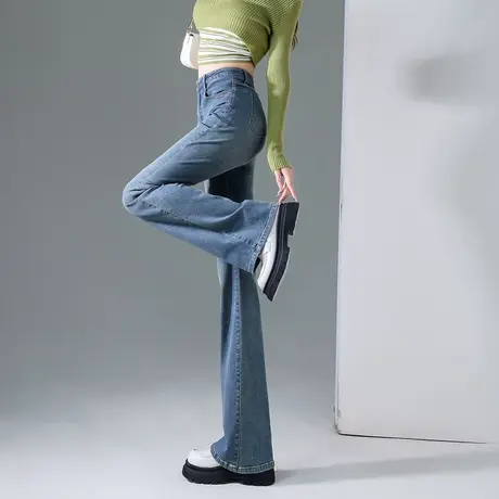 唐狮牛仔裤女春季新款高腰显瘦微喇叭裤复古水洗韩版潮流高街W图片