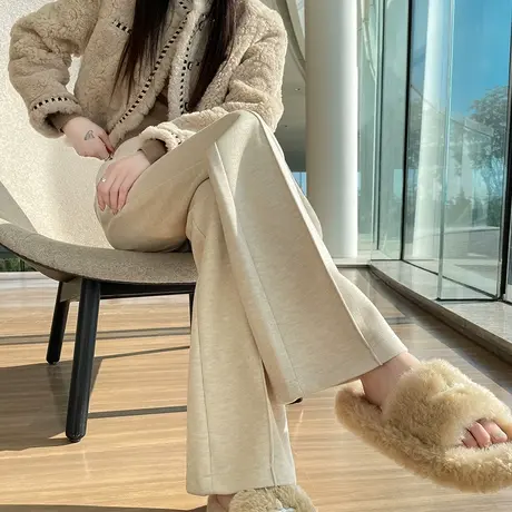 燕麦色毛呢阔腿微喇裤女秋冬新款高腰垂感宽松显瘦直筒休闲拖地裤商品大图