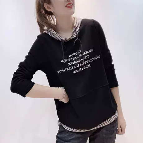 拼接假两件连帽女士长袖卫衣2023年春装新款休闲字母套头外套上衣商品大图