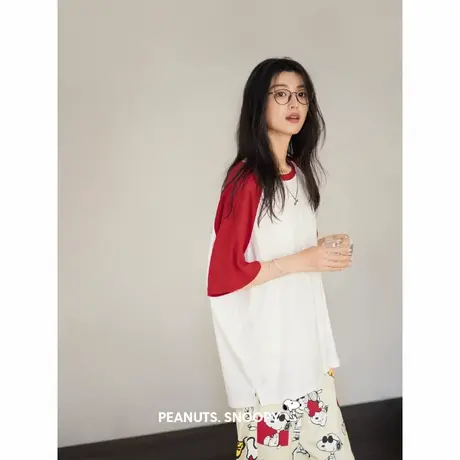 贝妍凉感睡衣女款夏季纯棉红色插肩短袖长裤套装可爱史努比家居服商品大图
