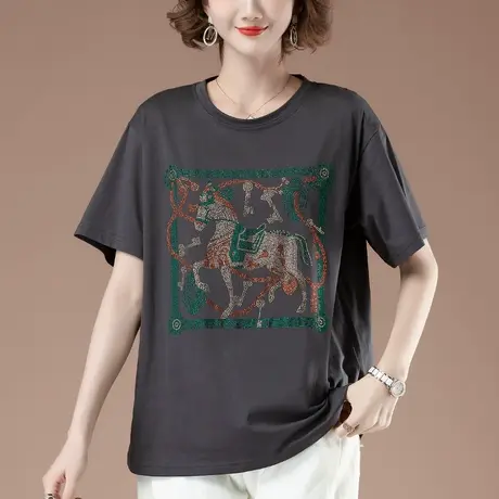 加肥加大码短袖t恤女夏季新款宽松中年妈妈纯棉烫钻圆领显瘦体恤商品大图