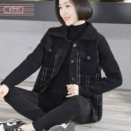 2023新款冬装翻领格子宽松加厚长袖外套女装撞色大码气质妈妈上衣商品大图