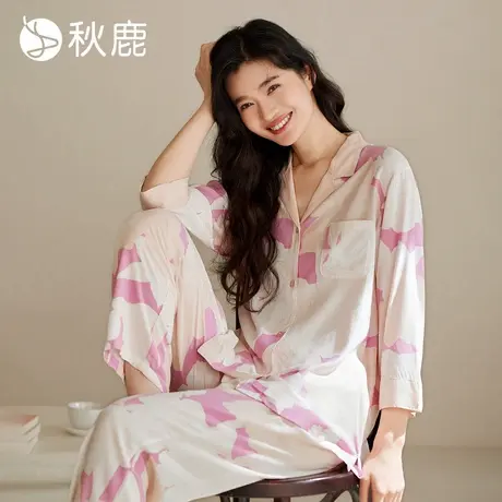 秋鹿新中式国风印花睡衣女夏薄款柔软透气七分袖可外穿家居服套装商品大图