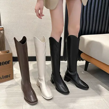 粗跟骑士靴女2023年新款夏季爆款复古长靴v口高跟西部牛仔靴子潮图片